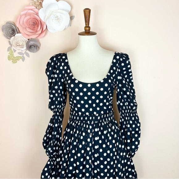 New! CAROLINE CONSTAS Puff Sleeve Polka Dot Ruffle Midi Dress - Picture 3 of 7